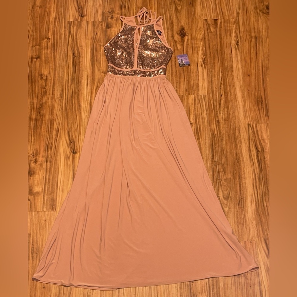 Morgan & Co. Women’s 1 Xs Dress Gown Maxi Rose Gold Pink Sequin Prom Formal Nwt